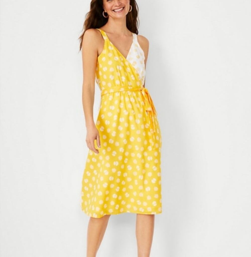 Ann Taylor Womens Wrap Dress Small Yellow White Novelty Shell Print Coastal